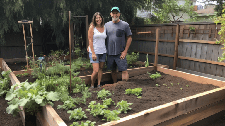 Raised Garden Bed and a beautiful gardener female with her husband both wearing hat